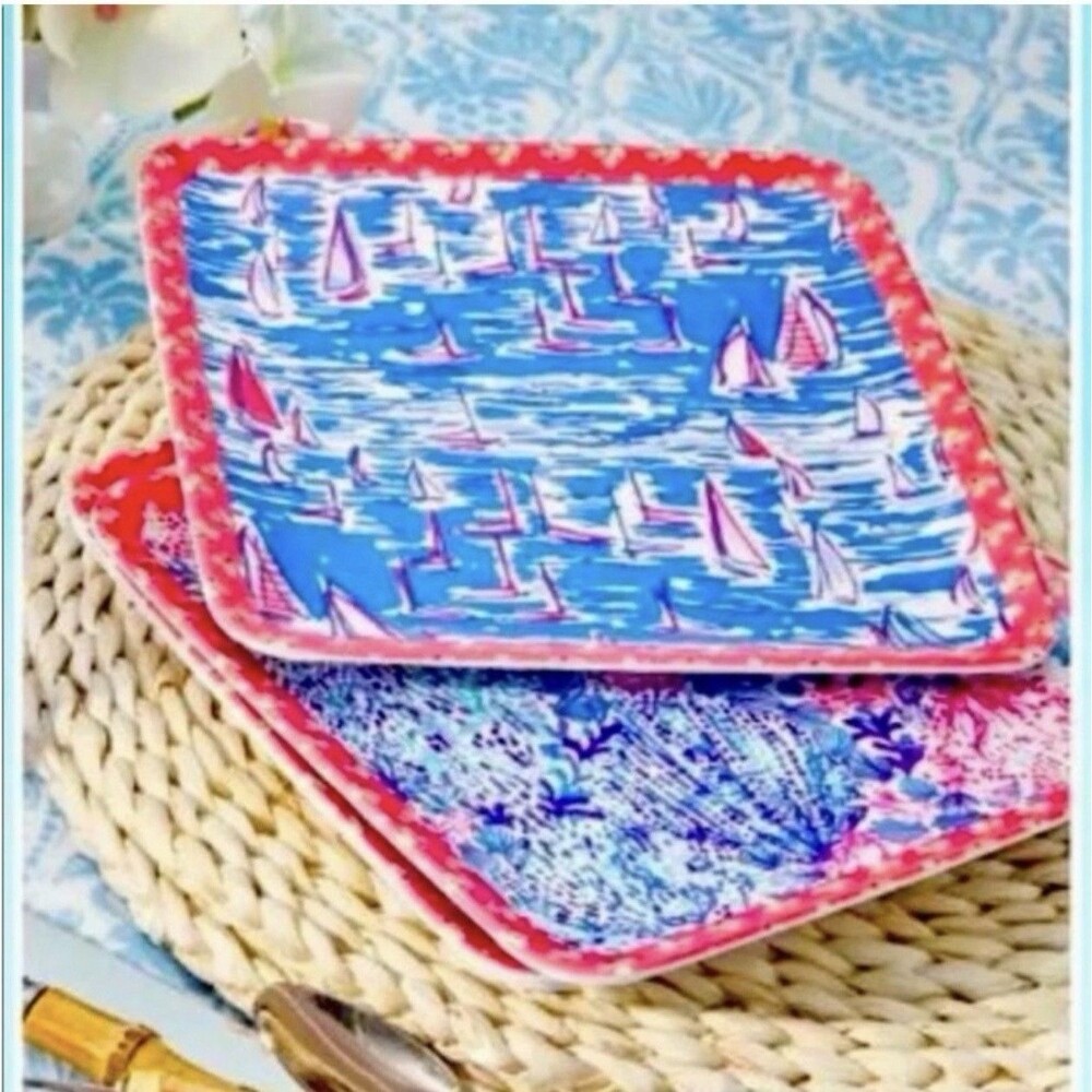 LILLY PULITZER Set/4 Square Melamine Plates “Boatylicious” & “Sway With Me” -New